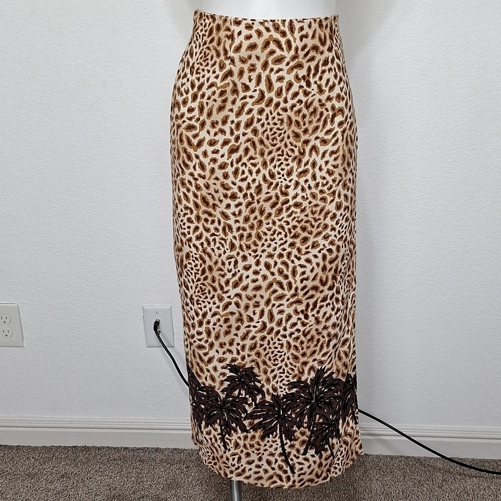 Vintage Sag Harbor Brown Tan Animal Print Palm Tree Faux Wrap Maxi Skirt Size 14
